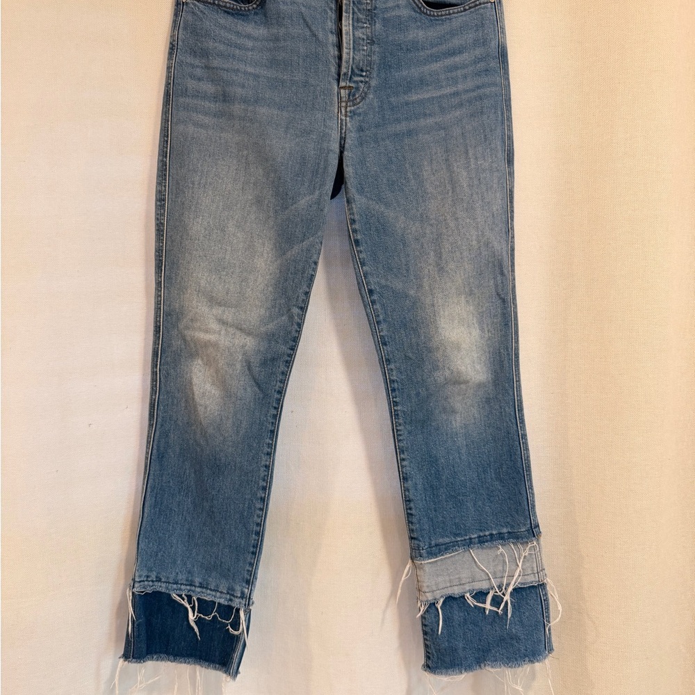 7 For All Mankind Medium Blue Frayed Hem Cropped Jeans